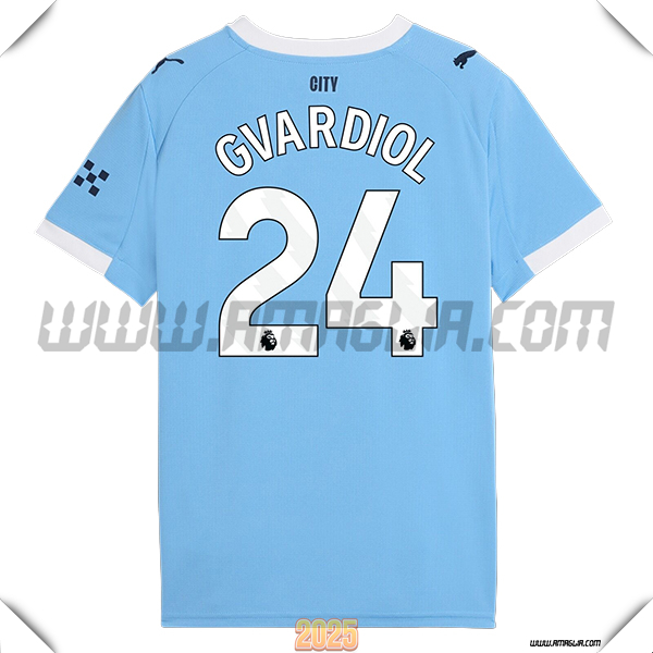 Prima Maglia Calcio Manchester City GVARDIOL #24 2025 2026 Blu Cielo