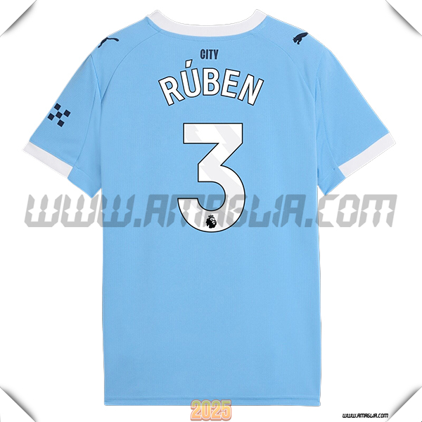 Prima Maglia Calcio Manchester City RÚBEN #3 2025 2026 Blu Cielo
