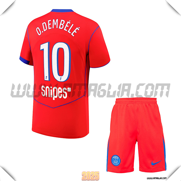Kit Maglia da Paris PSG Bambino Terzo O.DEMBÉLÉ #10 Rosso 2025 2026