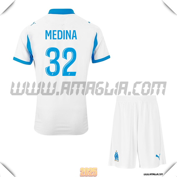 Kit Maglia da Marsiglia OM Bambino Prima MEDINA #32 Bianco 2025 2026