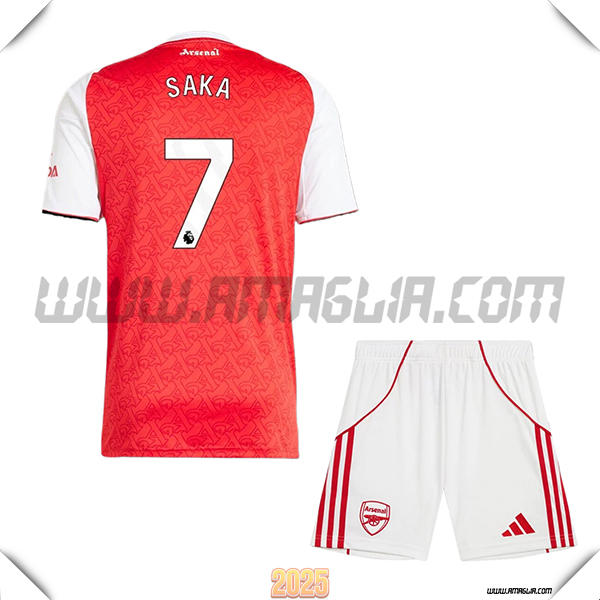 Kit Maglia da Arsenal Bambino Prima SAKA #7 Rosso/Bianco 2025 2026