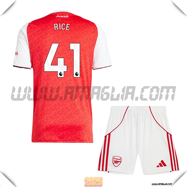 Kit Maglia da Arsenal Bambino Prima RICE #41 Rosso/Bianco 2025 2026