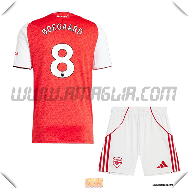 Kit Maglia da Arsenal Bambino Prima ØDEGAARD #8 Rosso/Bianco 2025 2026