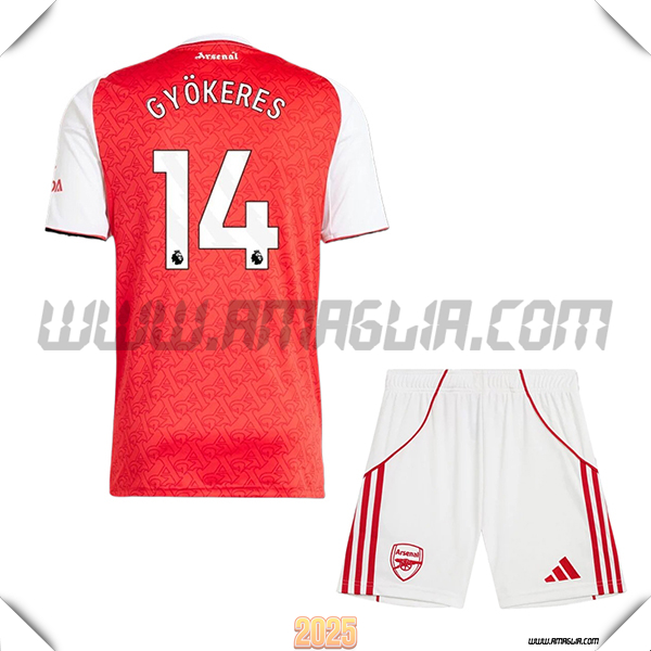 Kit Maglia da Arsenal Bambino Prima GYÖKERES #14 Rosso/Bianco 2025 2026