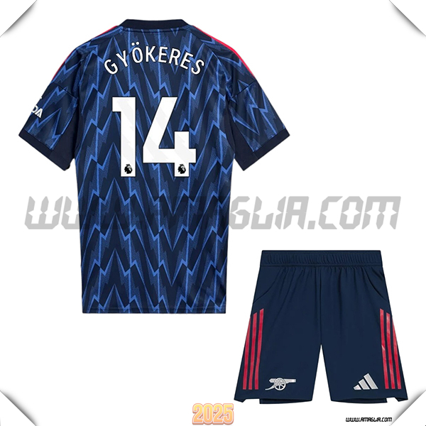 Kit Maglia da Arsenal Bambino Seconda GYÖKERES #14 Blu Marina 2025 2026