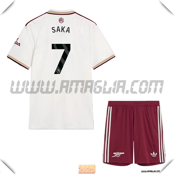 Kit Maglia da Arsenal Bambino Terzo SAKA #7 Bianco 2025 2026