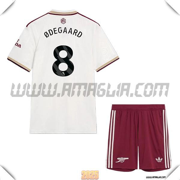 Kit Maglia da Arsenal Bambino Terzo ØDEGAARD #8 Bianco 2025 2026