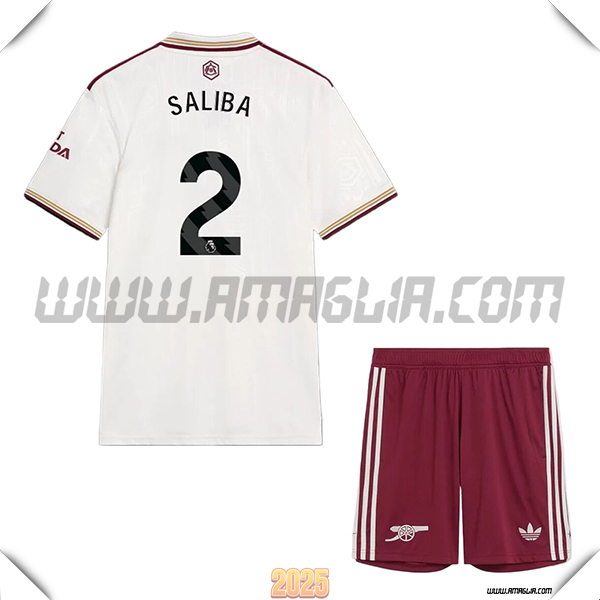 Kit Maglia da Arsenal Bambino Terzo SALIBA #2 Bianco 2025 2026