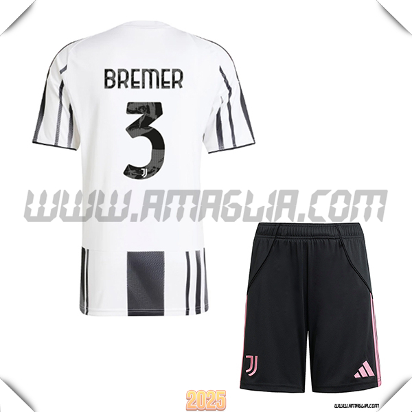 Kit Maglia da Juventus Bambino Prima BREMER #3 Bianco/Nero 2025 2026