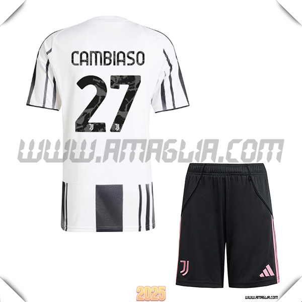 Kit Maglia da Juventus Bambino Prima CAMBIASO #27 Bianco/Nero 2025 2026