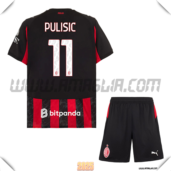 Kit Maglia da AC Milan Bambino Prima PULISIC #11 Rosso/Nero 2025 2026
