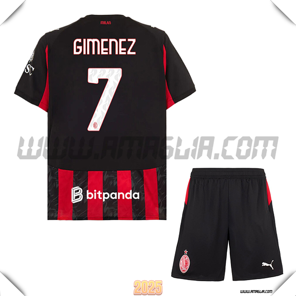 Kit Maglia da AC Milan Bambino Prima GIMENEZ #7 Rosso/Nero 2025 2026