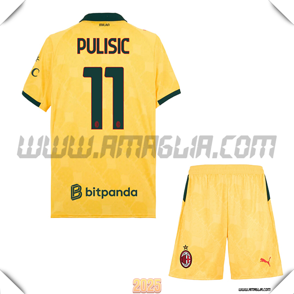 Kit Maglia da AC Milan Bambino Terzo PULISIC #11 GIALLO 2025 2026