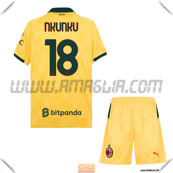 Kit Maglia da AC Milan Bambino Terzo NKUNKU #18 GIALLO 2025 2026