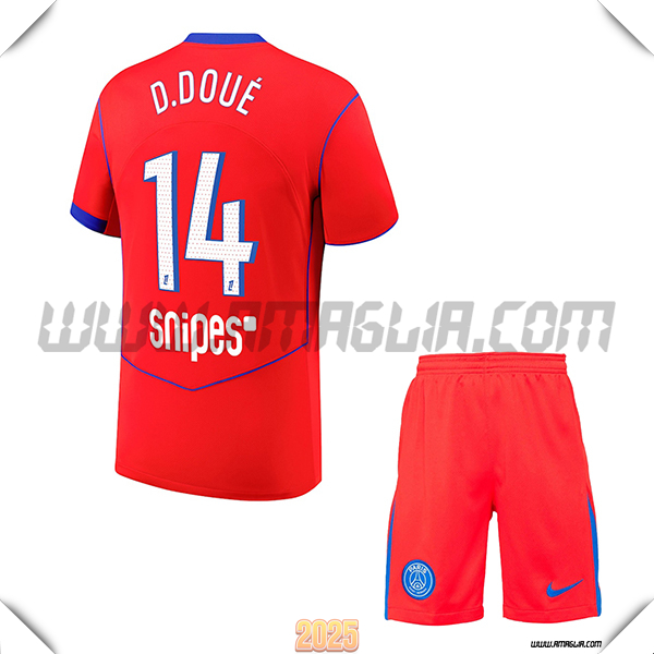Kit Maglia da Paris PSG Bambino Terzo D.DOUÉ #14 Rosso 2025 2026