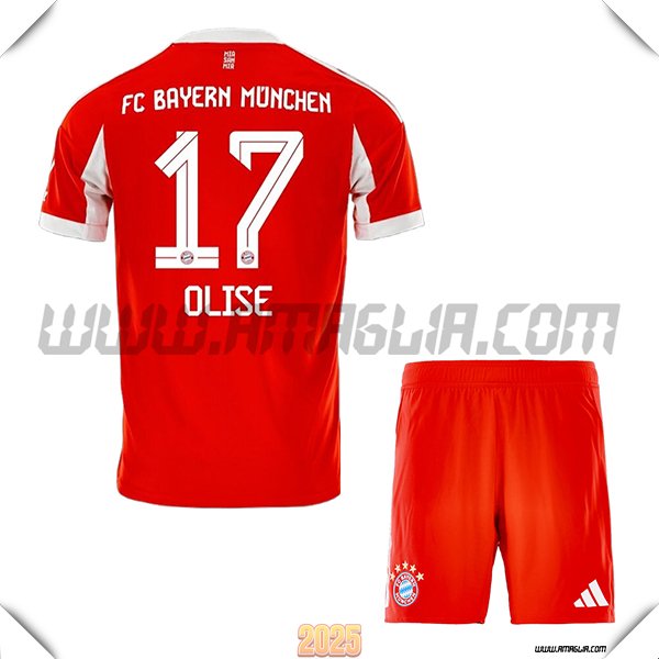 Kit Maglia da Bayern Monaco Bambino Prima OLISE #17 Rosso 2025 2026