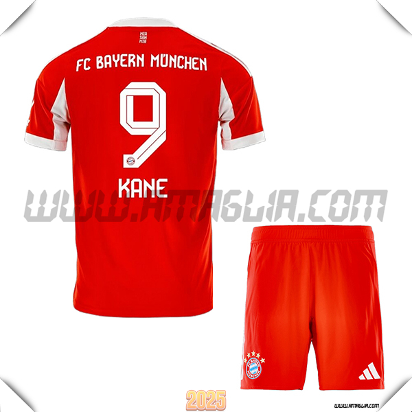 Kit Maglia da Bayern Monaco Bambino Prima KANE #9 Rosso 2025 2026