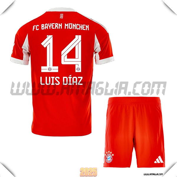 Kit Maglia da Bayern Monaco Bambino Prima LUIS DÍAZ #14 Rosso 2025 2026