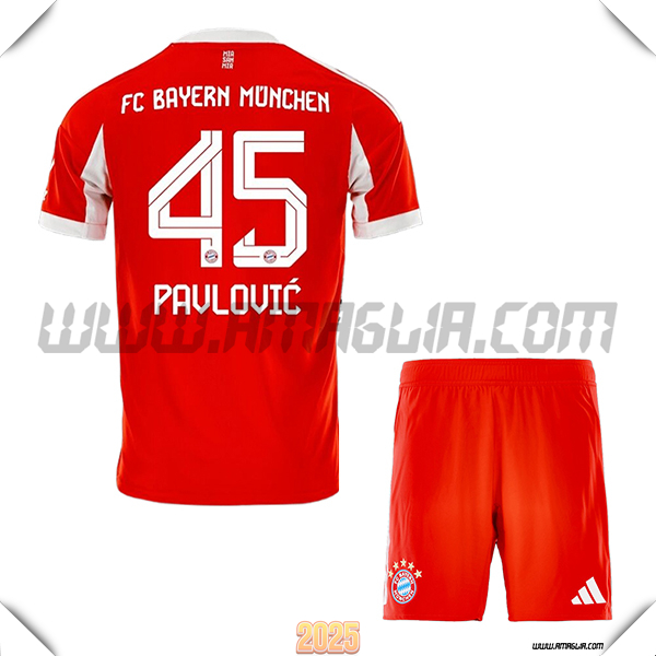 Kit Maglia da Bayern Monaco Bambino Prima PAVLOVIC #45 Rosso 2025 2026