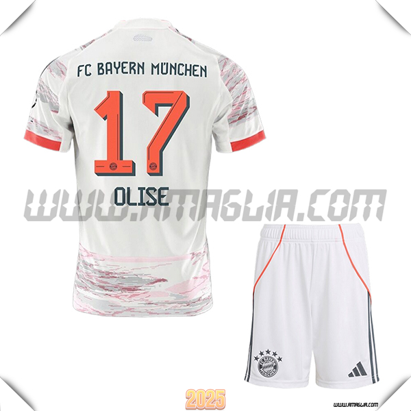 Kit Maglia da Bayern Monaco Bambino Seconda OLISE #17 Bianco 2025 2026