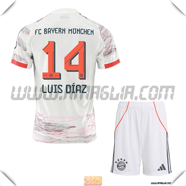 Kit Maglia da Bayern Monaco Bambino Seconda LUIS DÍAZ #14 Bianco 2025 2026