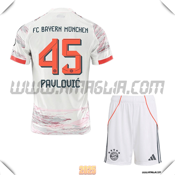 Kit Maglia da Bayern Monaco Bambino Seconda PAVLOVIC #45 Bianco 2025 2026
