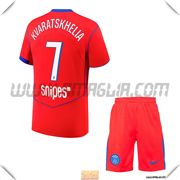 Kit Maglia da Paris PSG Bambino Terzo KVARATSKHELIA #7 Rosso 2025 2026