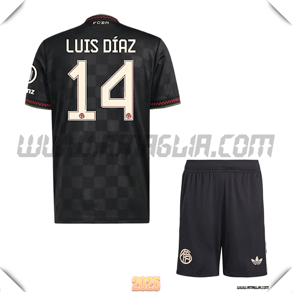 Kit Maglia da Bayern Monaco Bambino Champions League LUIS DÍAZ #14 Nero 2025 2026