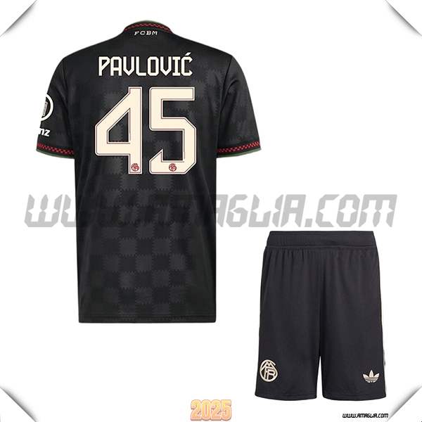 Kit Maglia da Bayern Monaco Bambino Champions League PAVLOVIC #45 Nero 2025 2026