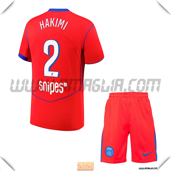 Kit Maglia da Paris PSG Bambino Terzo HAKIMI #2 Rosso 2025 2026