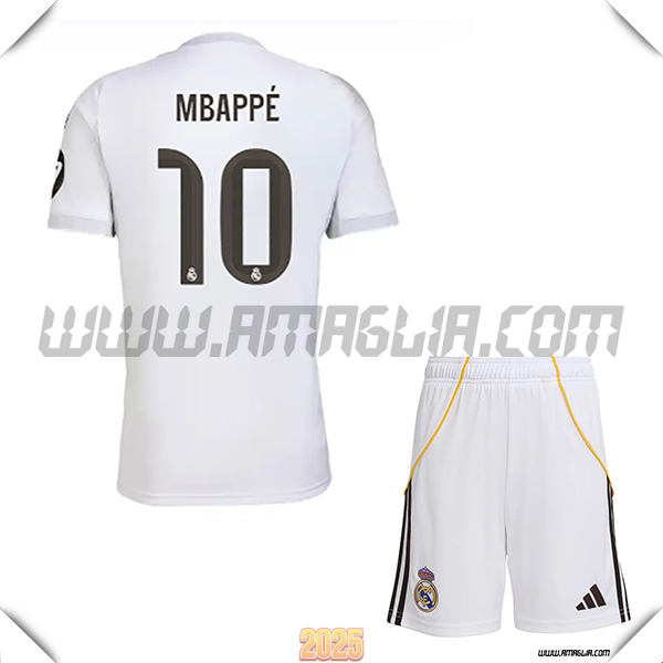 Kit Maglia da Real Madrid Bambino Prima Mbappé #10 Bianco 2025 2026
