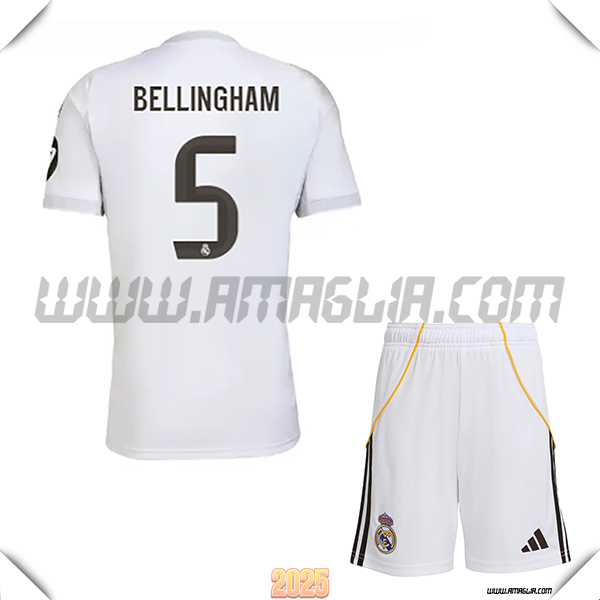 Kit Maglia da Real Madrid Bambino Prima BELLINGHAM #5 Bianco 2025 2026