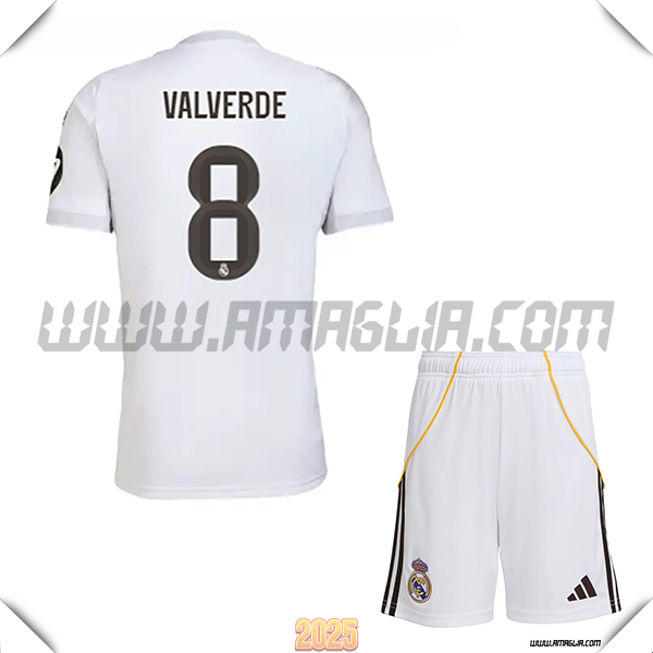 Kit Maglia da Real Madrid Bambino Prima VALVERDE #8 Bianco 2025 2026
