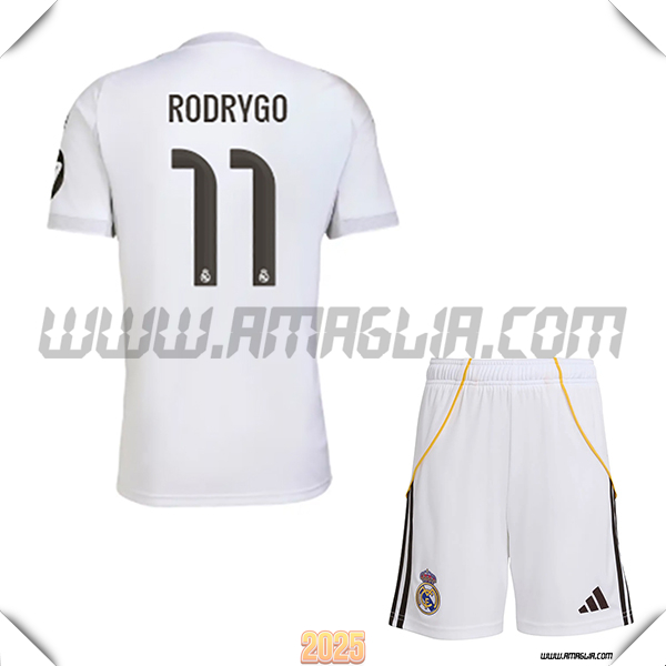 Kit Maglia da Real Madrid Bambino Prima RODRYGO #11 Bianco 2025 2026