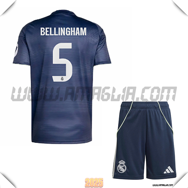 Kit Maglia da Real Madrid Bambino Seconda BELLINGHAM #5 Blu Marina 2025 2026