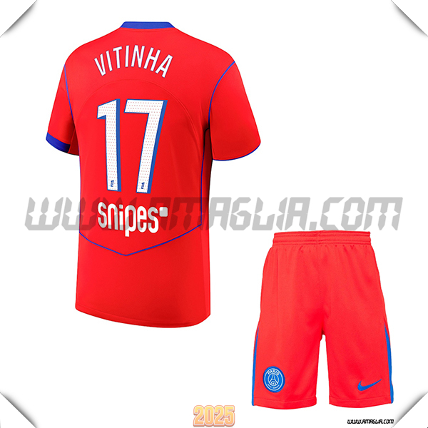 Kit Maglia da Paris PSG Bambino Terzo VITINHA #17 Rosso 2025 2026