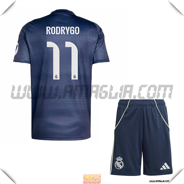 Kit Maglia da Real Madrid Bambino Seconda RODRYGO #11 Blu Marina 2025 2026