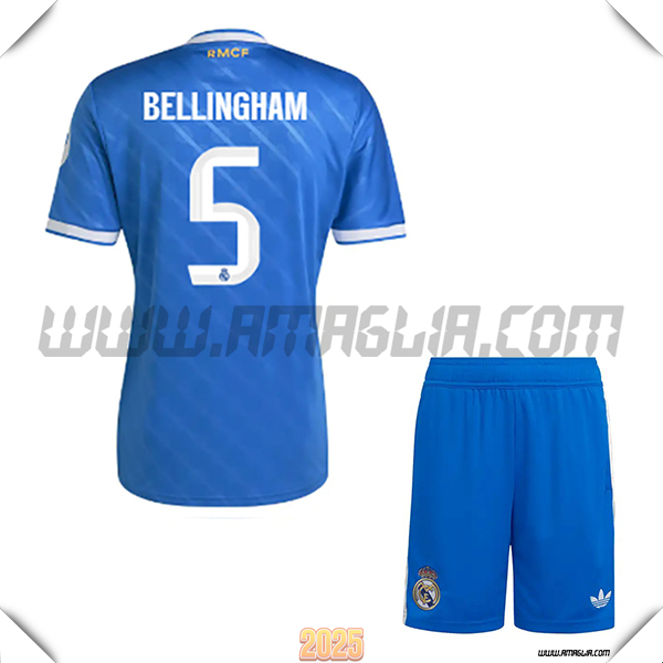 Kit Maglia da Real Madrid Bambino Terzo BELLINGHAM #5 Blu 2025 2026