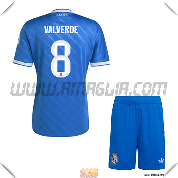 Kit Maglia da Real Madrid Bambino Terzo VALVERDE #8 Blu 2025 2026