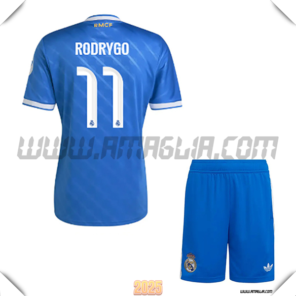Kit Maglia da Real Madrid Bambino Terzo RODRYGO #11 Blu 2025 2026