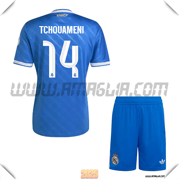 Kit Maglia da Real Madrid Bambino Terzo TCHOUAMÉNI #14 Blu 2025 2026