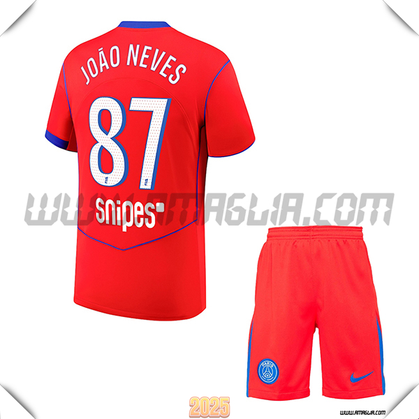 Kit Maglia da Paris PSG Bambino Terzo JOÃO NEVES #87 Rosso 2025 2026