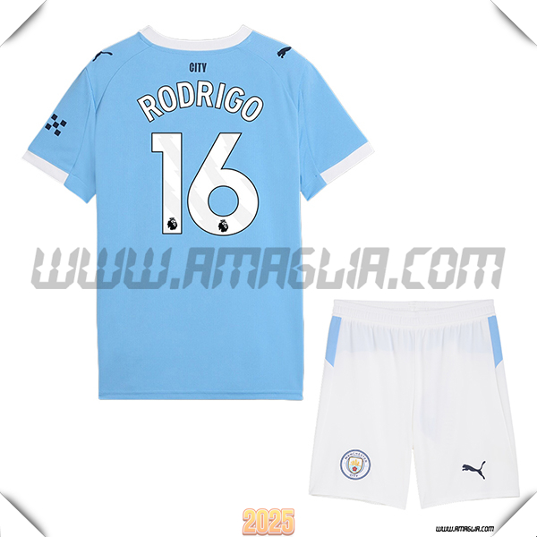 Kit Maglia da Manchester City Bambino Prima RODRIGO #16 Blu Cielo 2025 2026