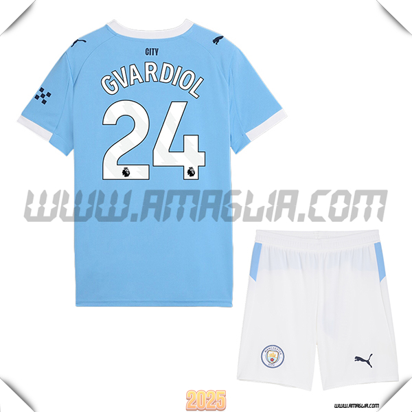 Kit Maglia da Manchester City Bambino Prima GVARDIOL #24 Blu Cielo 2025 2026