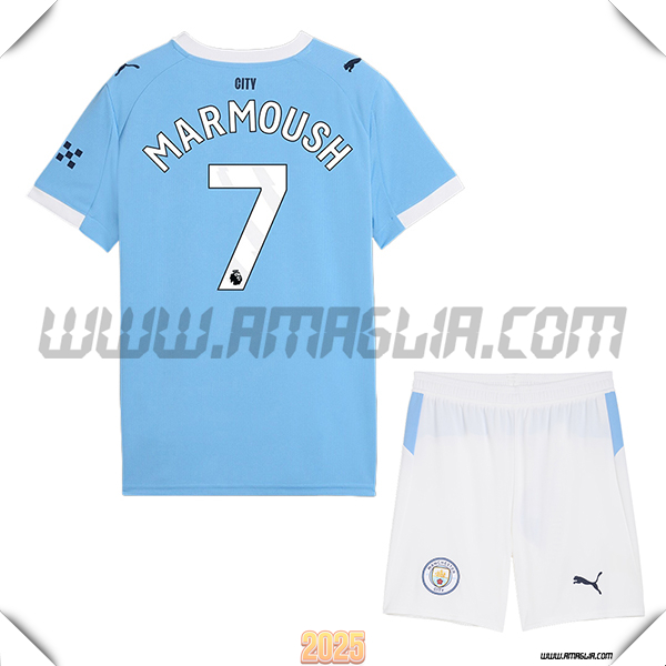 Kit Maglia da Manchester City Bambino Prima MARMOUSH #7 Blu Cielo 2025 2026