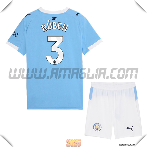 Kit Maglia da Manchester City Bambino Prima RÚBEN #3 Blu Cielo 2025 2026