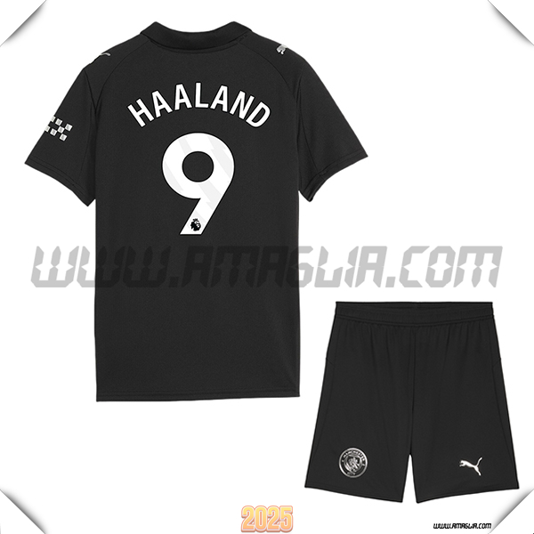 Kit Maglia da Manchester City Bambino Seconda HAALAND #9 Nero 2025 2026