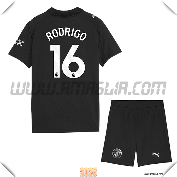 Kit Maglia da Manchester City Bambino Seconda RODRIGO #16 Nero 2025 2026