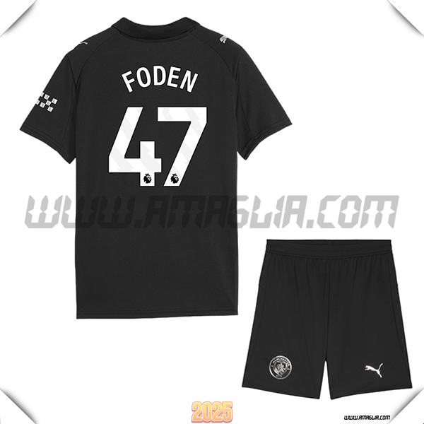 Kit Maglia da Manchester City Bambino Seconda FODEN #47 Nero 2025 2026