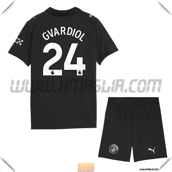 Kit Maglia da Manchester City Bambino Seconda GVARDIOL #24 Nero 2025 2026